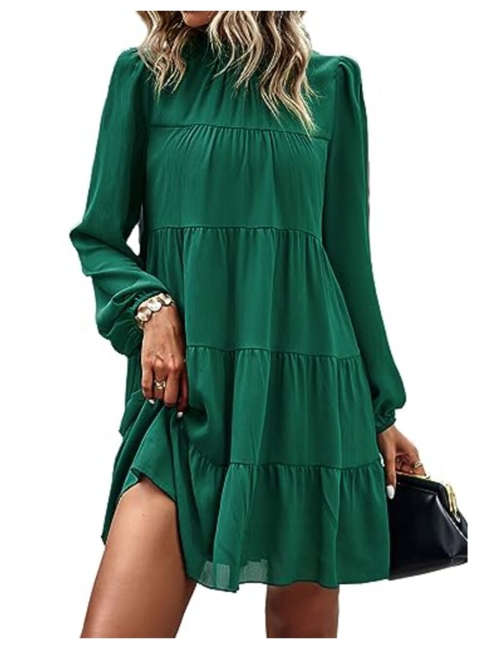 Women's Babydoll Swing Dress Long Sleeve Mock Neck Ruffled Pleated Mini